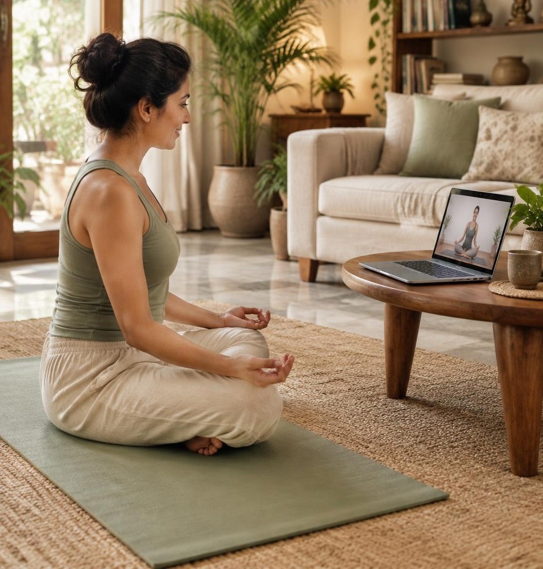 A client following a live online yoga session on a laptop at home